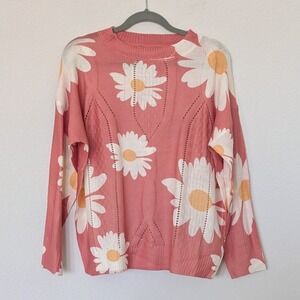 Davi & Dani Daisy Floral Knit Sweater Womens Small Pink Pointelle Pullover Boho